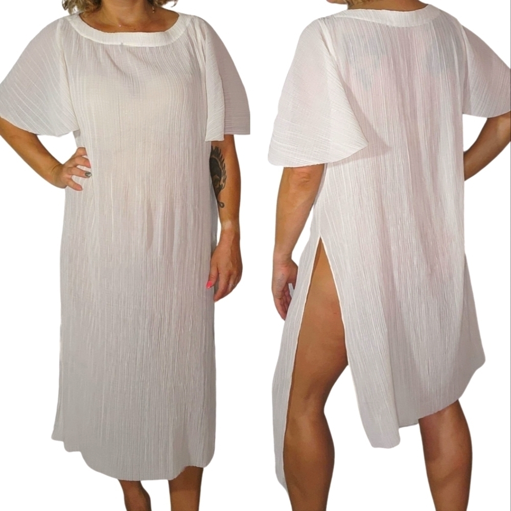 Anthropologie Size Medium Semi Sheer Midi Short Sleeve Slit Dress White